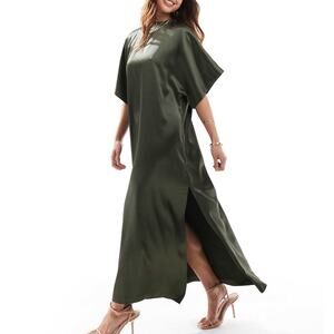 NEW ASOS DESIGN Curve Satin Oversized Maxi T-Shirt Dress Sz 26 Green Shapeless